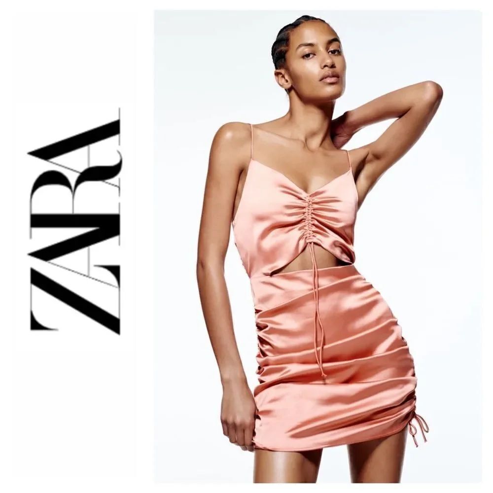 Zara Satin Effect Cut-Out Draped Mini Dress in Beige Pink, Size Medium